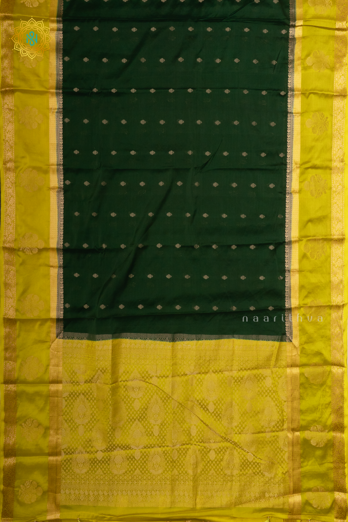 BOTTLE GREEN WITH LEMON YELLOW - SEMI MYSORE CREPE SILK