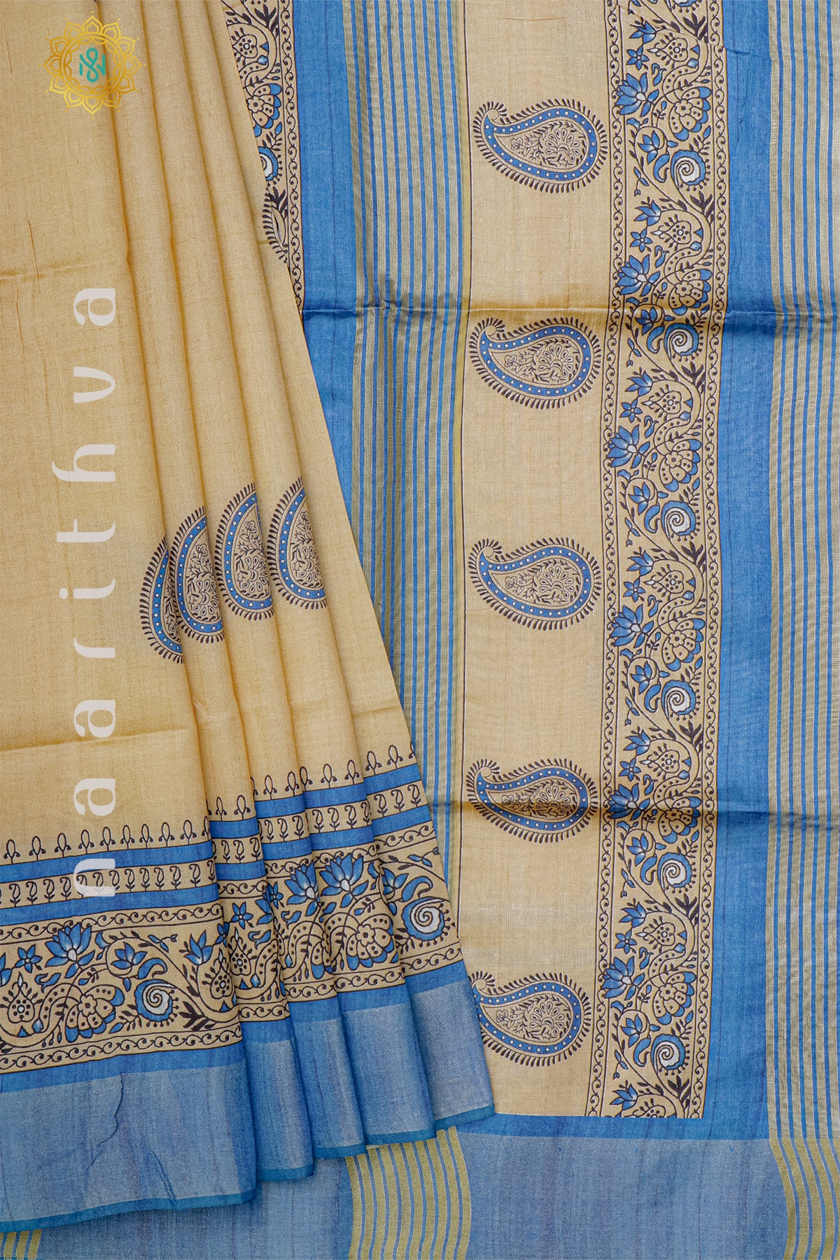 BIEGE WITH SKY BLUE - SEMI TUSSAR SILK