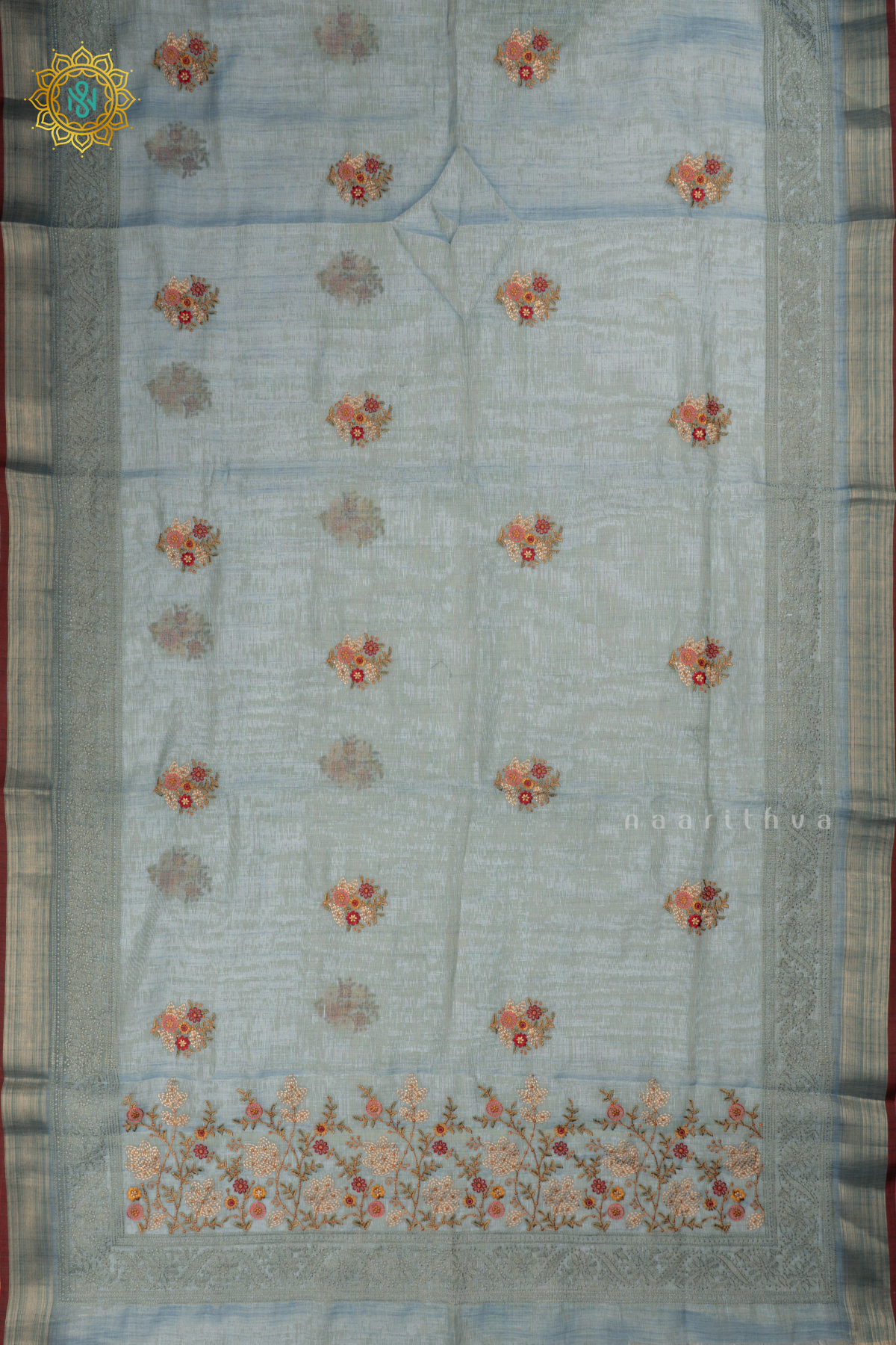 Blue - Linen Tissue Saree Allover Thread Work Buttas with Tissue Border