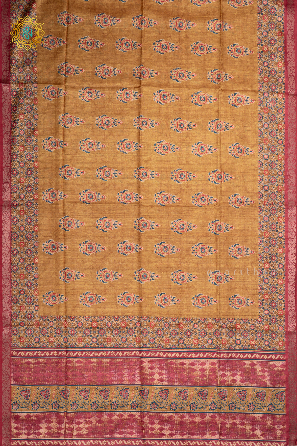 YELLOW WITH PINK - SEMI TUSSAR SILK SAREE PRINTED BODY WITH CONTRAST BORDER