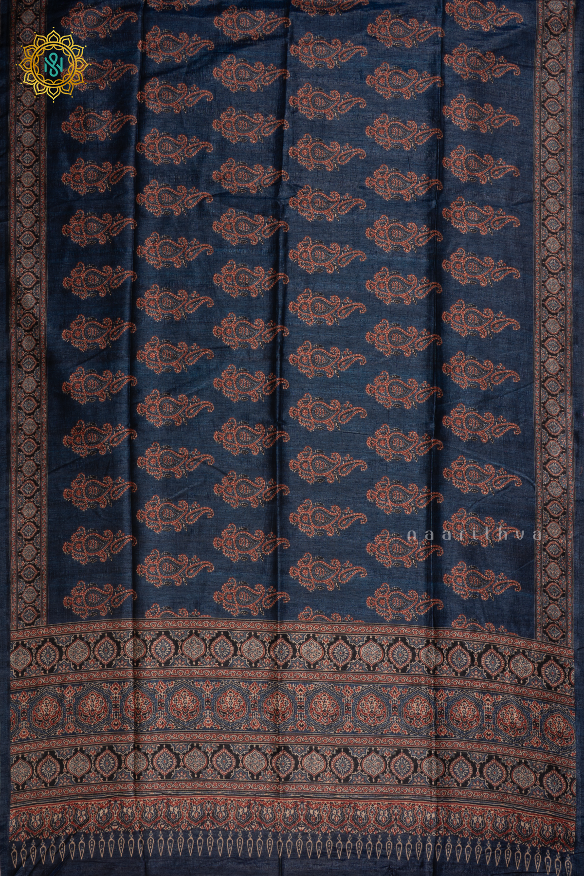 BLUE - SEMI TUSSAR SILK WITH PRINTED BODY AND AJRAKH PRINTED PALLU