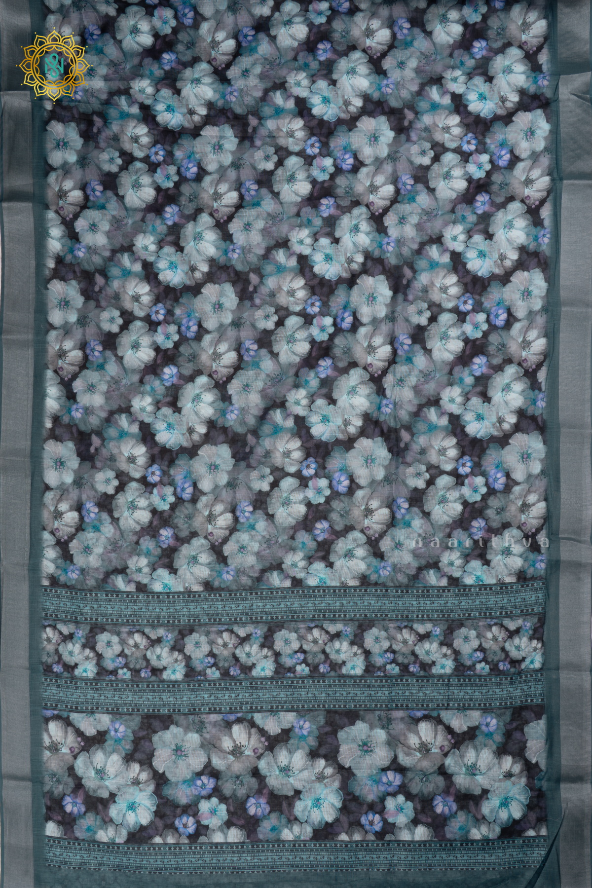 Sage Blue Linen By Cotton Saree With Floral Printed Body