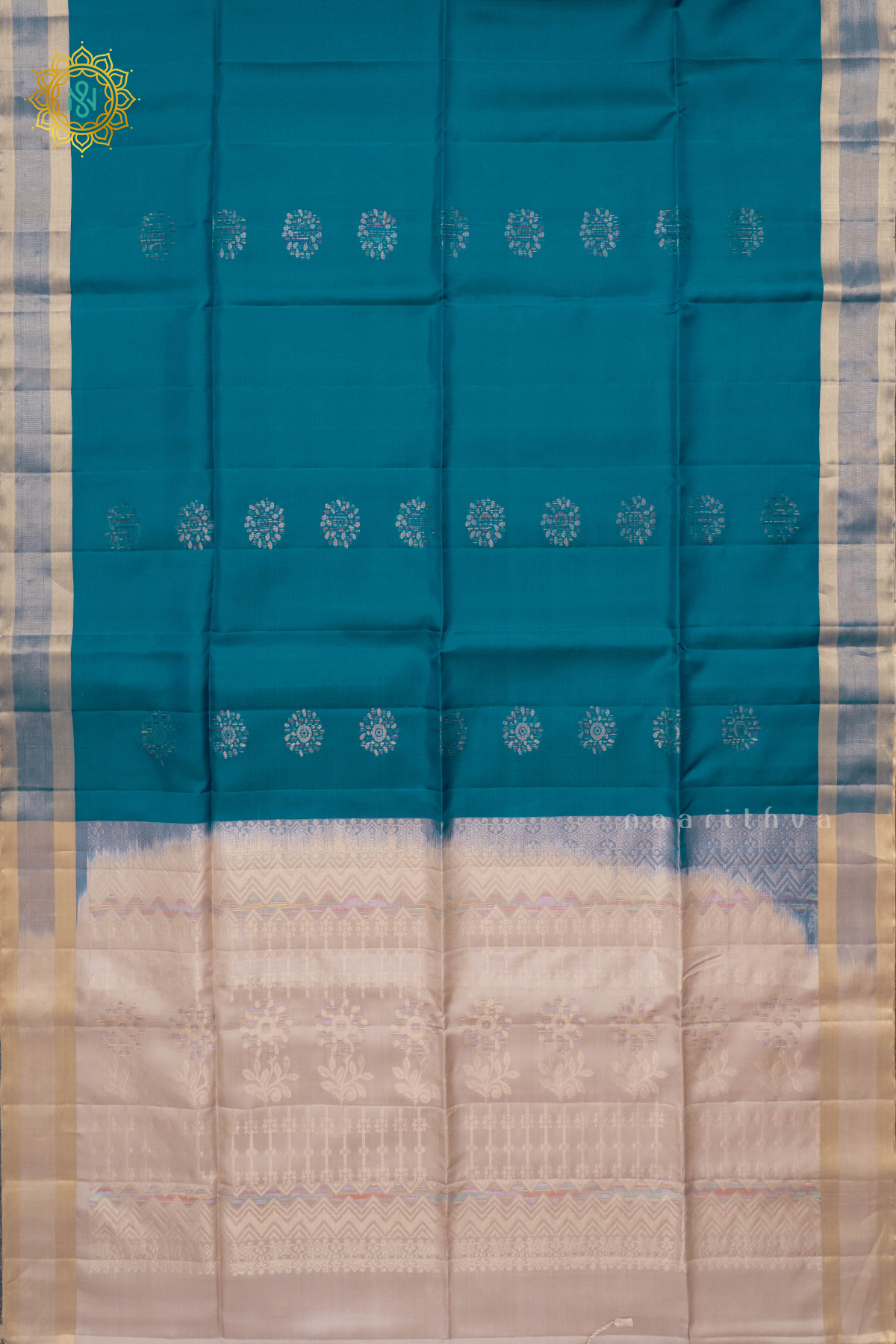 TEAL BLUE WITH OFF WHITE - KANJIVARAM PURE MIX SOFT SILK