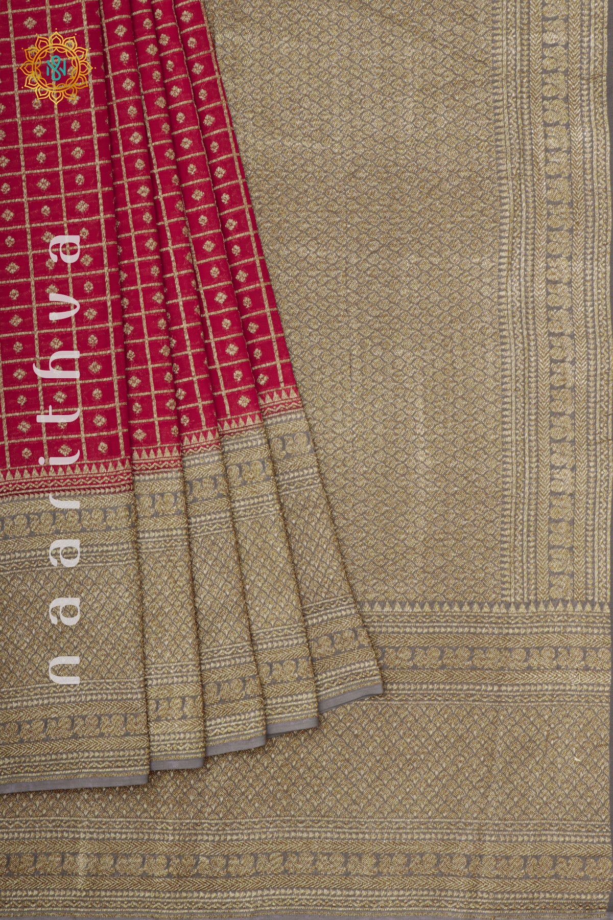 RED WITH GREY - PURE HANDLOOM KHADDI GEORGETTE BANARAS