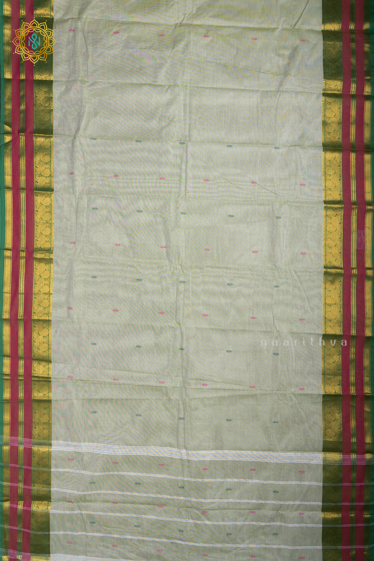 Grey With Green & Pink Chettinad Cotton Saree With Thread Woven Buttas & Contrast Border