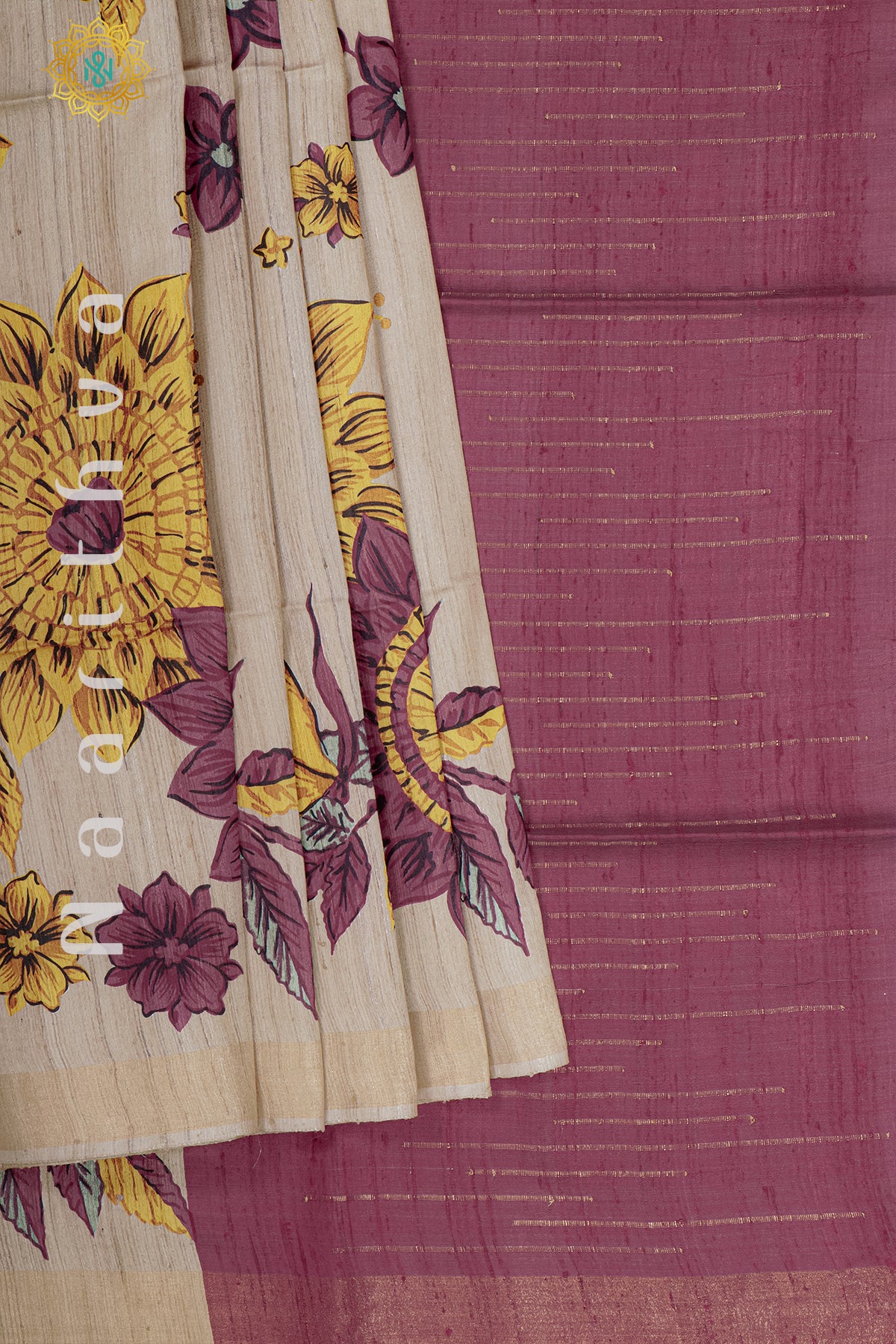 BEIGE WITH PINK - PURE TUSSAR SILK