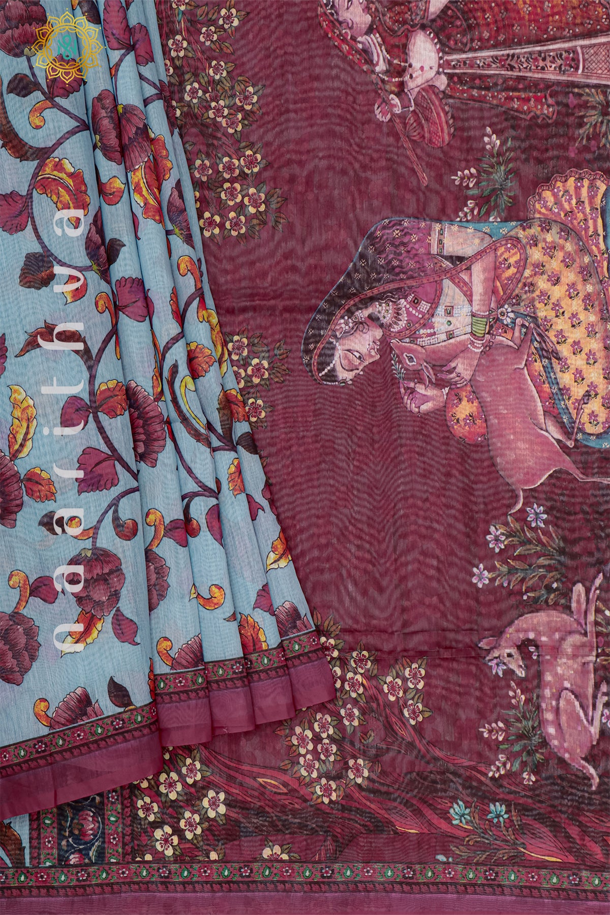 SKY BLUE WITH PINK - CHANDERI SILK COTTON