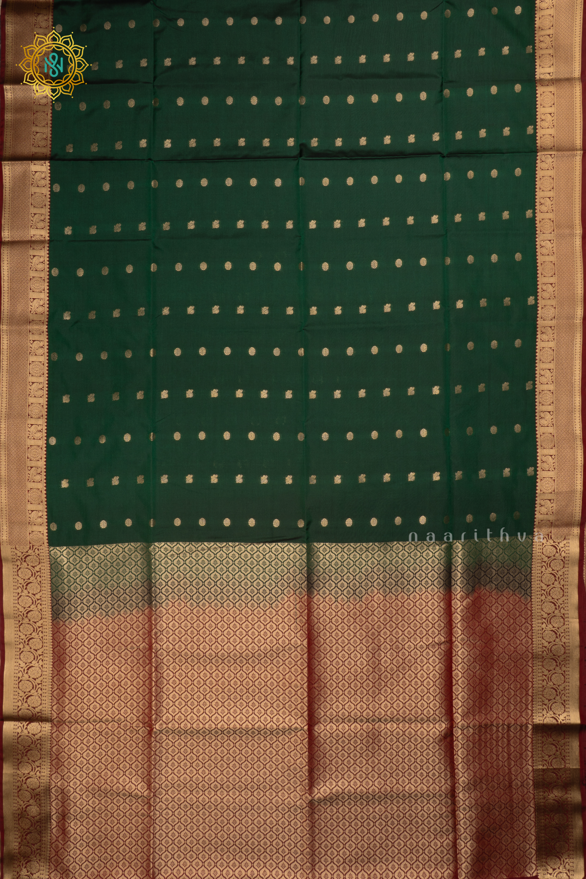 Bottle Green With Maroon Semi Soft Silk Saree Allover Zari Buttas And Contrast Zari Border