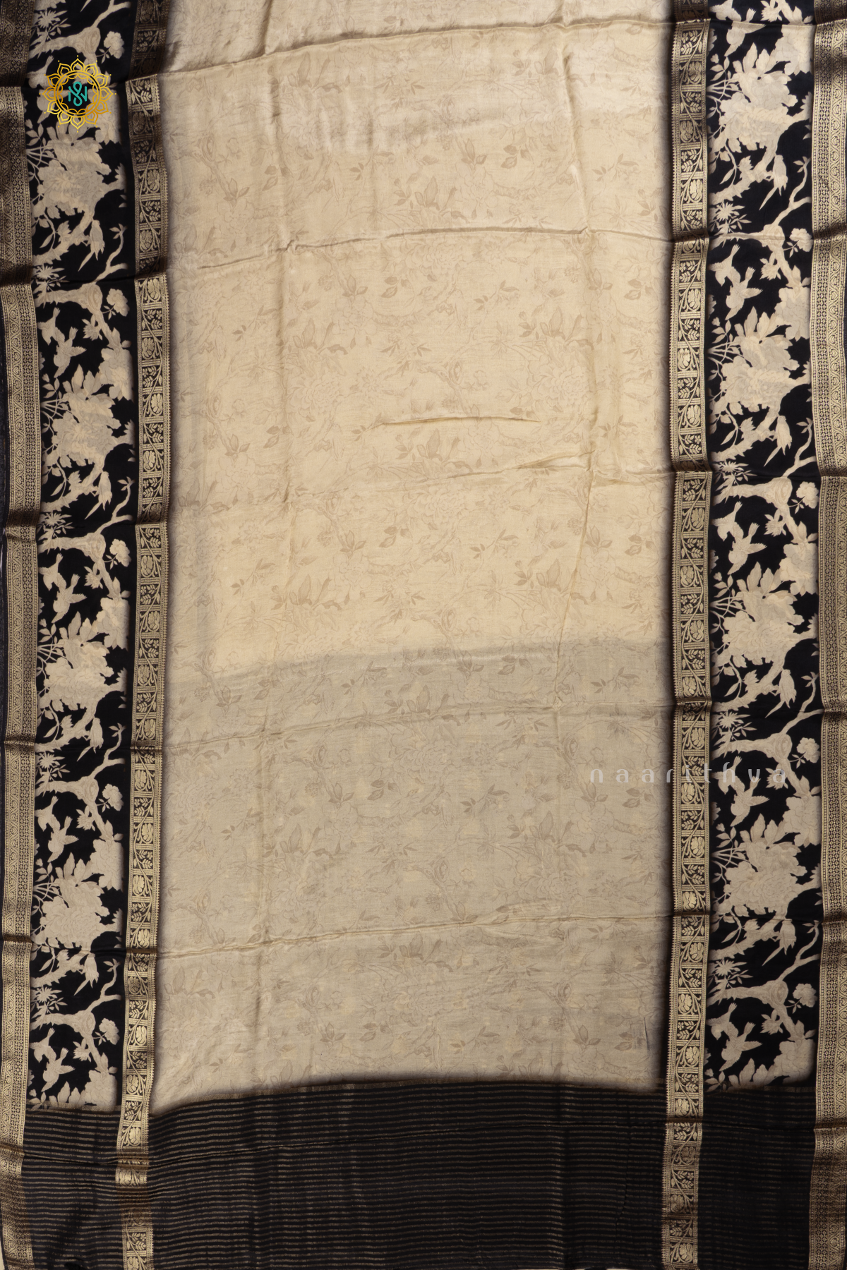 Off White With Black Printed Semi Crepe Silk Saree With Contrast Bentex Zari Border & Pallu