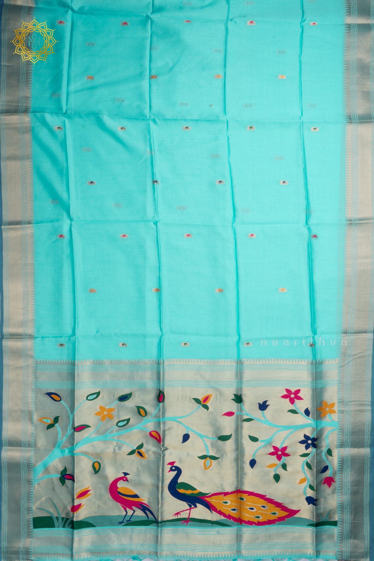 Aqua Blue Semi Tussar Silk Saree Zari Buttas On The Body With Paithani Border & Pallu