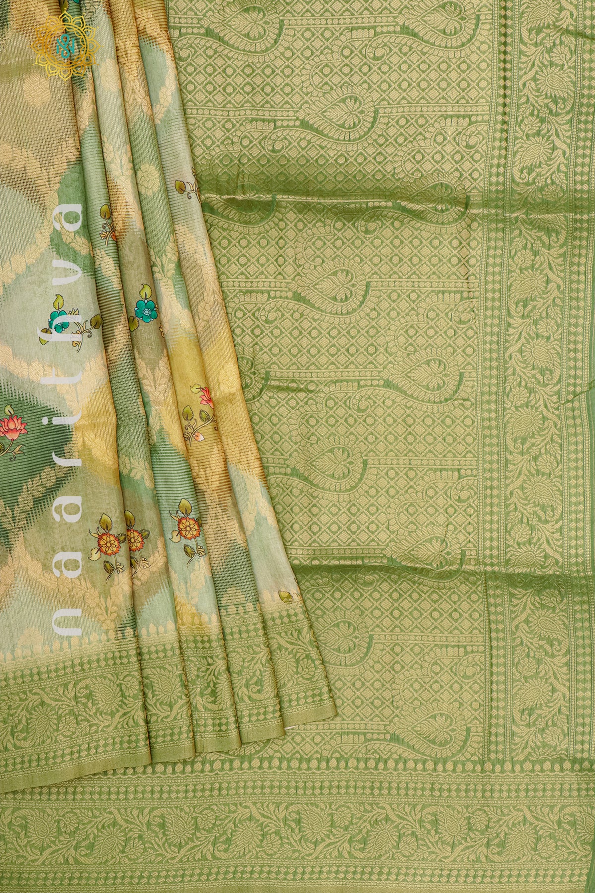 GREEN WITH MUSTARD - CHANDERI SILK COTTON