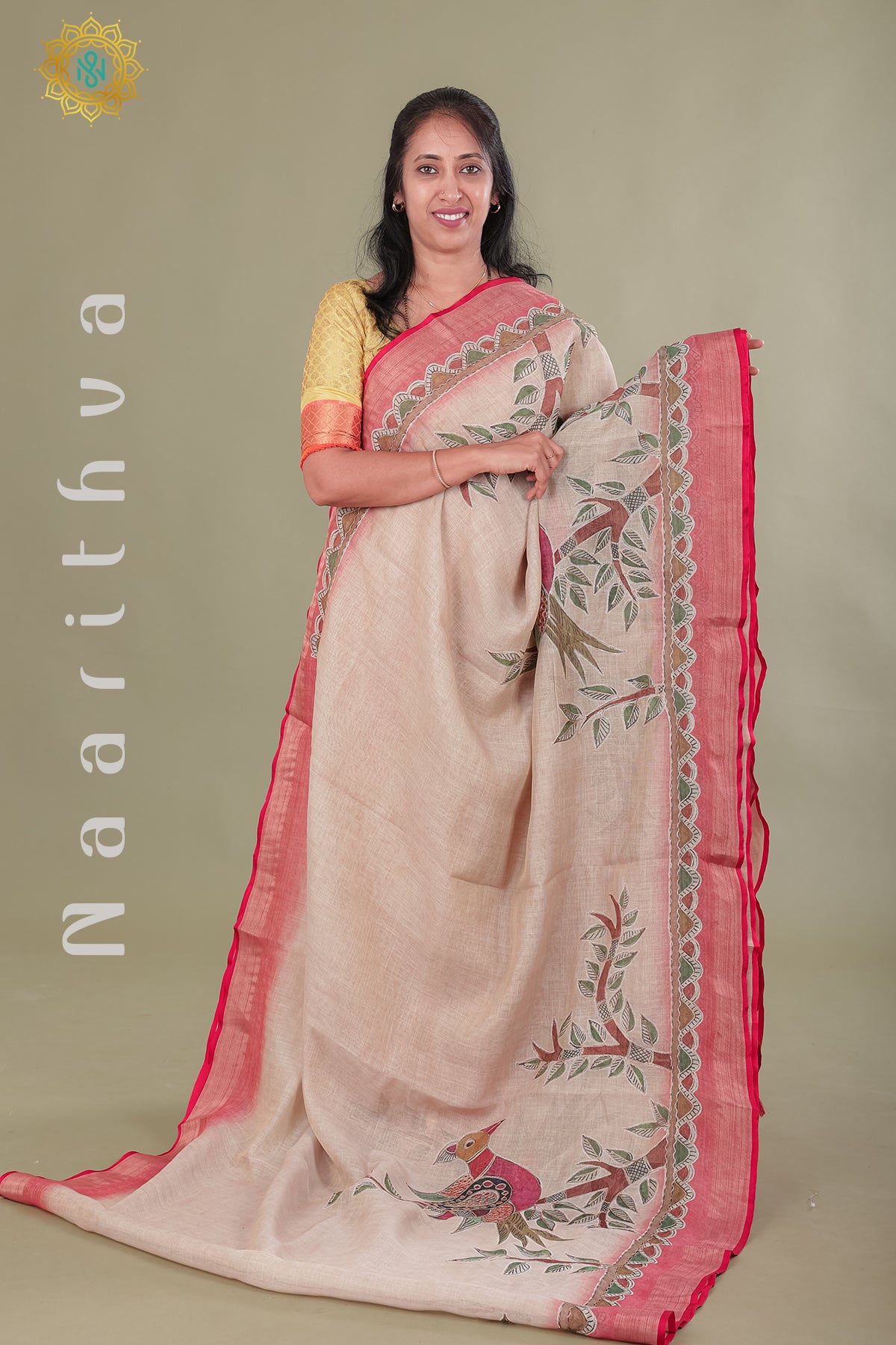 BEIGE WITH RED - LINEN TISSUE WITH EMBROIDERY