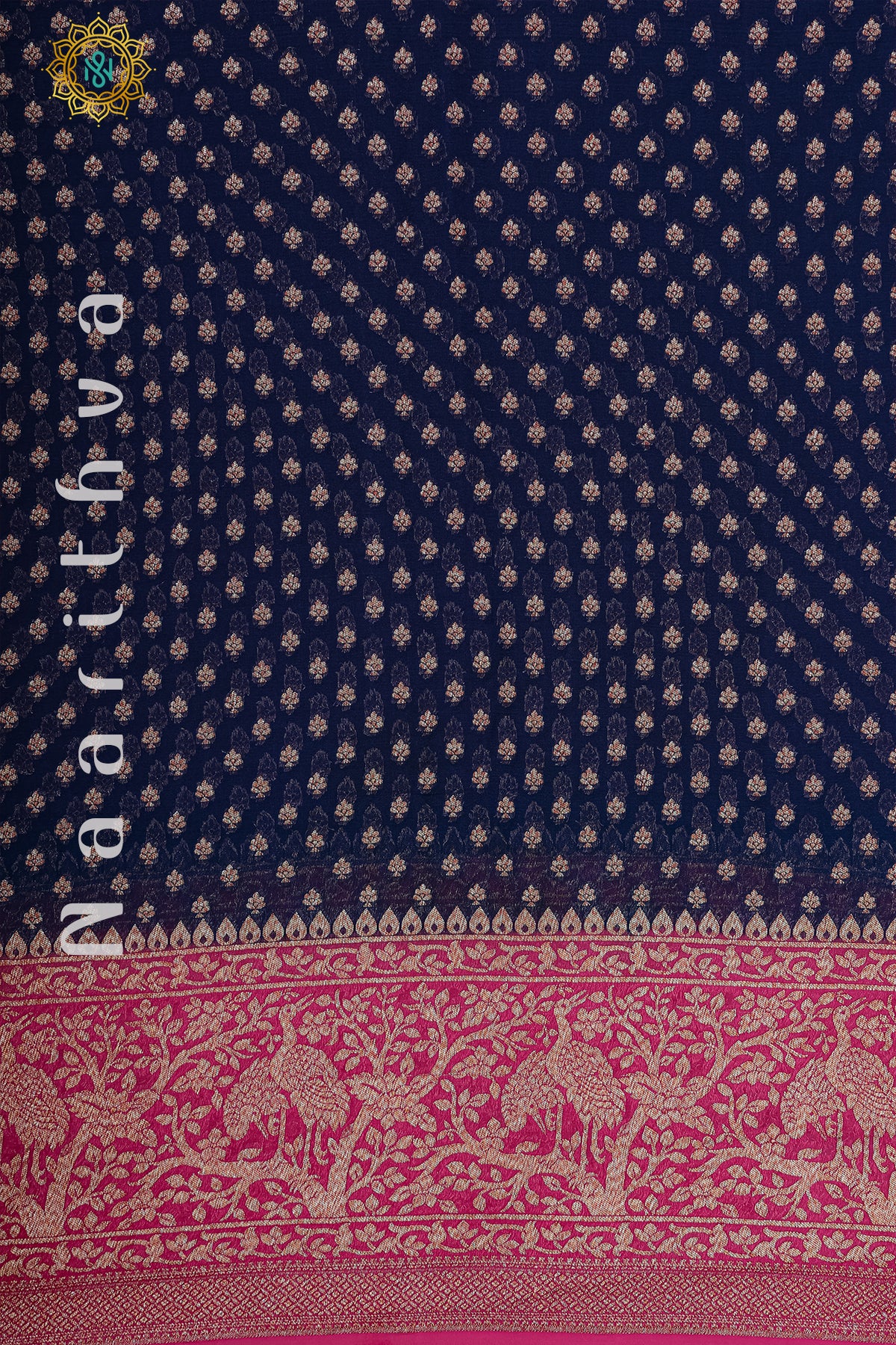 NAVY BLUE WITH PINK - PURE HANDLOOM KHADDI GEORGETTE BANARAS