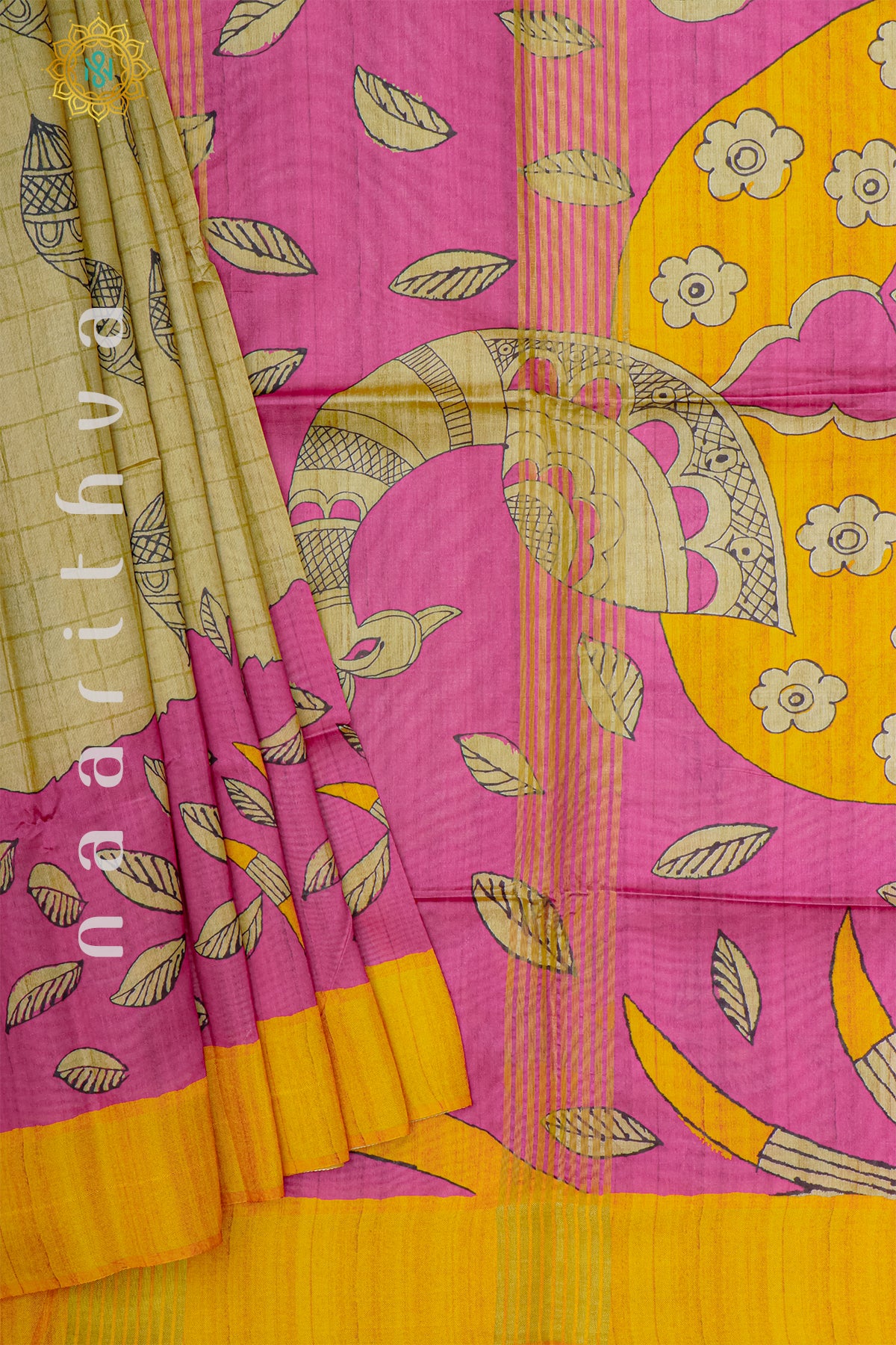 BIEGE WITH YELLOW - SEMI TUSSAR SILK