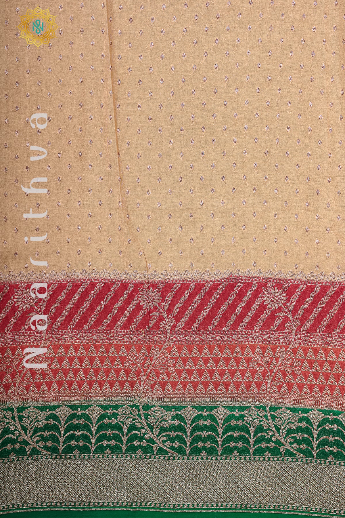 CREAM WITH RED & ORANGE, GREEN - PURE HANDLOOM KHADDI GEORGETTE BANARAS