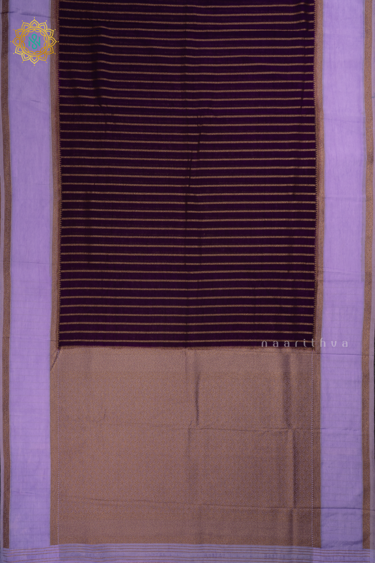 Purple with Lavender Semi Chiffon Georgette Saree with Allover Zari Stripes and Zari Gap Border