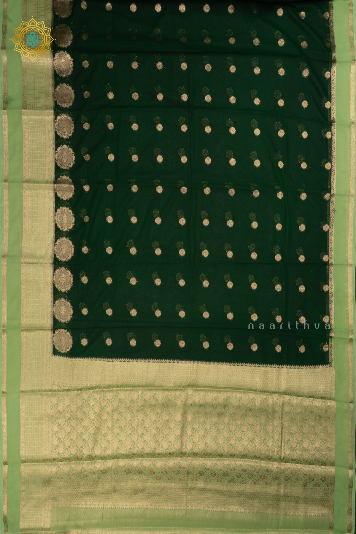 Bottle Green with Light Green Semi Chiffon Georgette Saree with Allover Zari Buttas and Zari Checks  Border