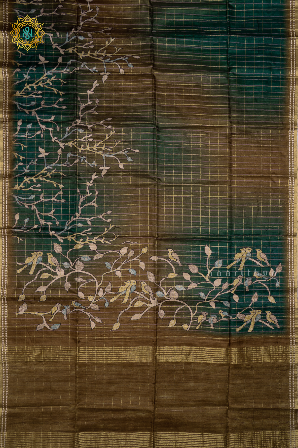 LIGHT OLIVE GREEN - KOTHA TUSSAR SAREE WITH PRINTED AND ZARI CHECKS BODY, THREAD WOVEN BORDER