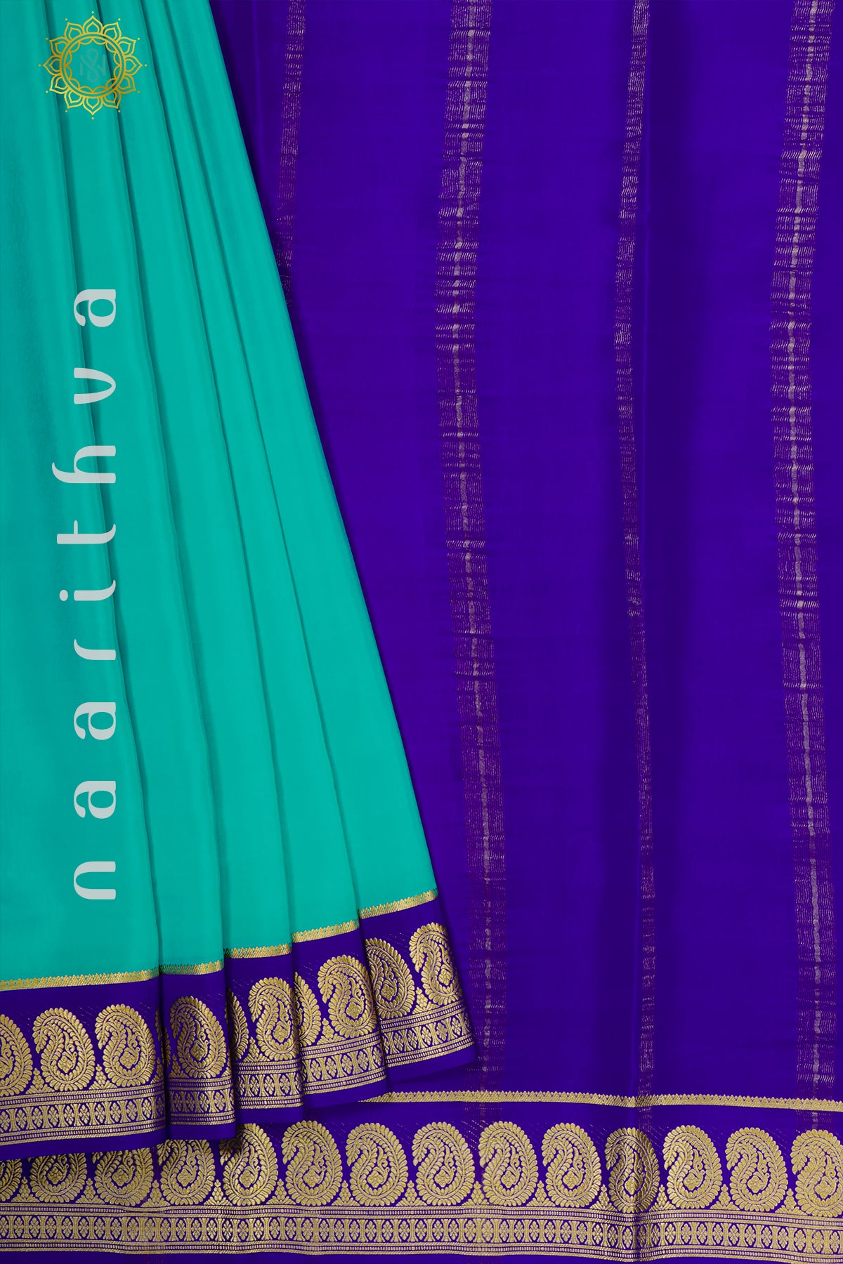 AQUA BLUE WITH ROYAL BLUE - PURE MYSORE CREPE SILK