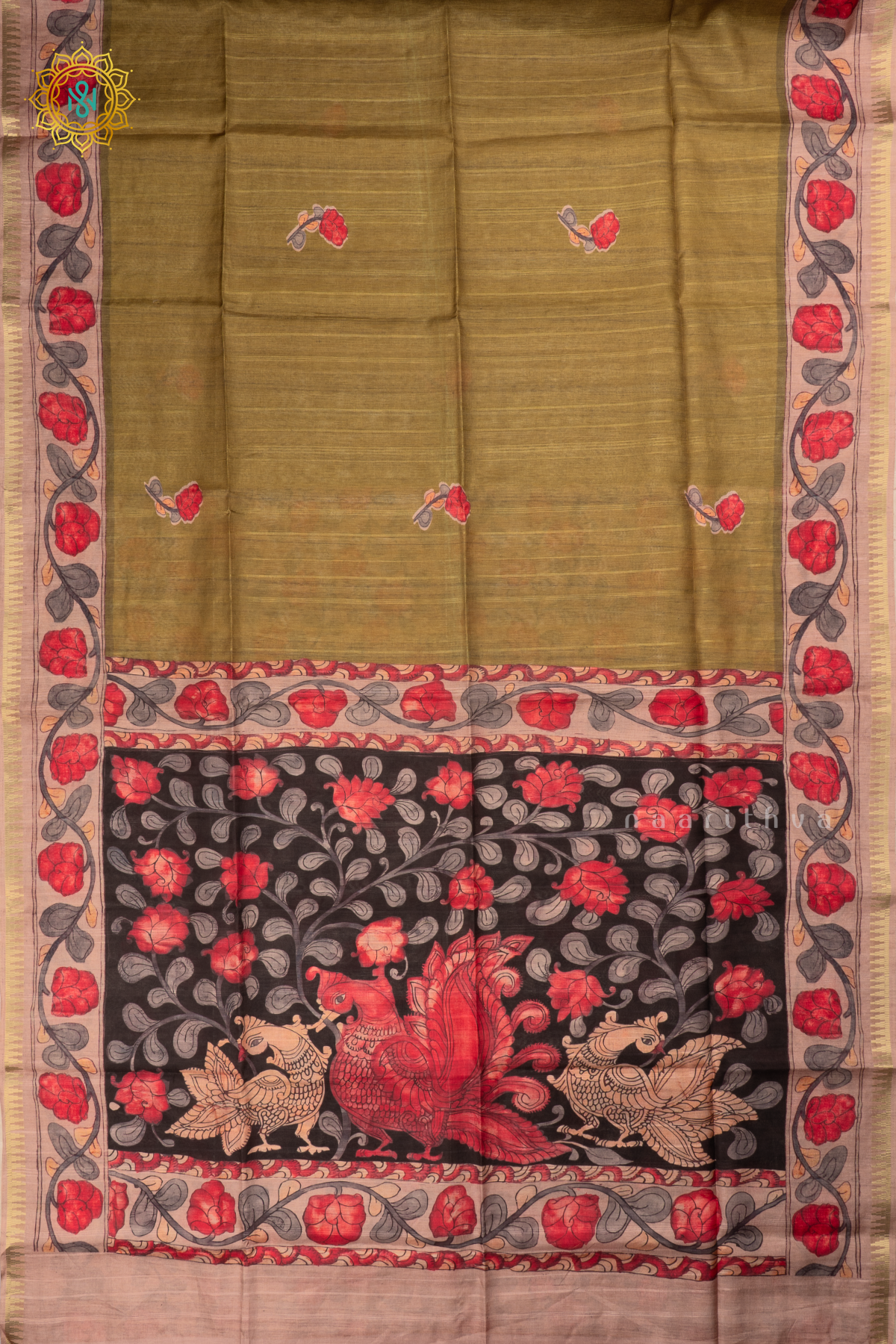Olive Green Semi Tussar Silk Saree With Kalamkari Prints allover the body,Pallu and Zari Border