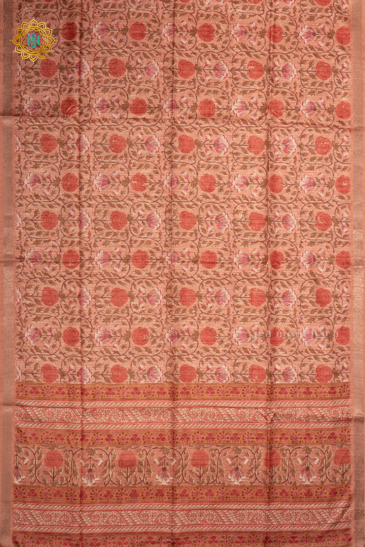 PEACH - SEMI TUSSAR SILK SAREE ALLOVER PRINTED BODY WITH ZARI BORDER