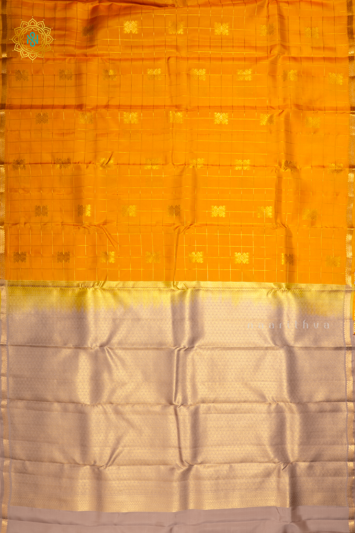 Yellow Semi Kanchi Silk Saree with Zari Checks and Buttas All Over With Zari Border