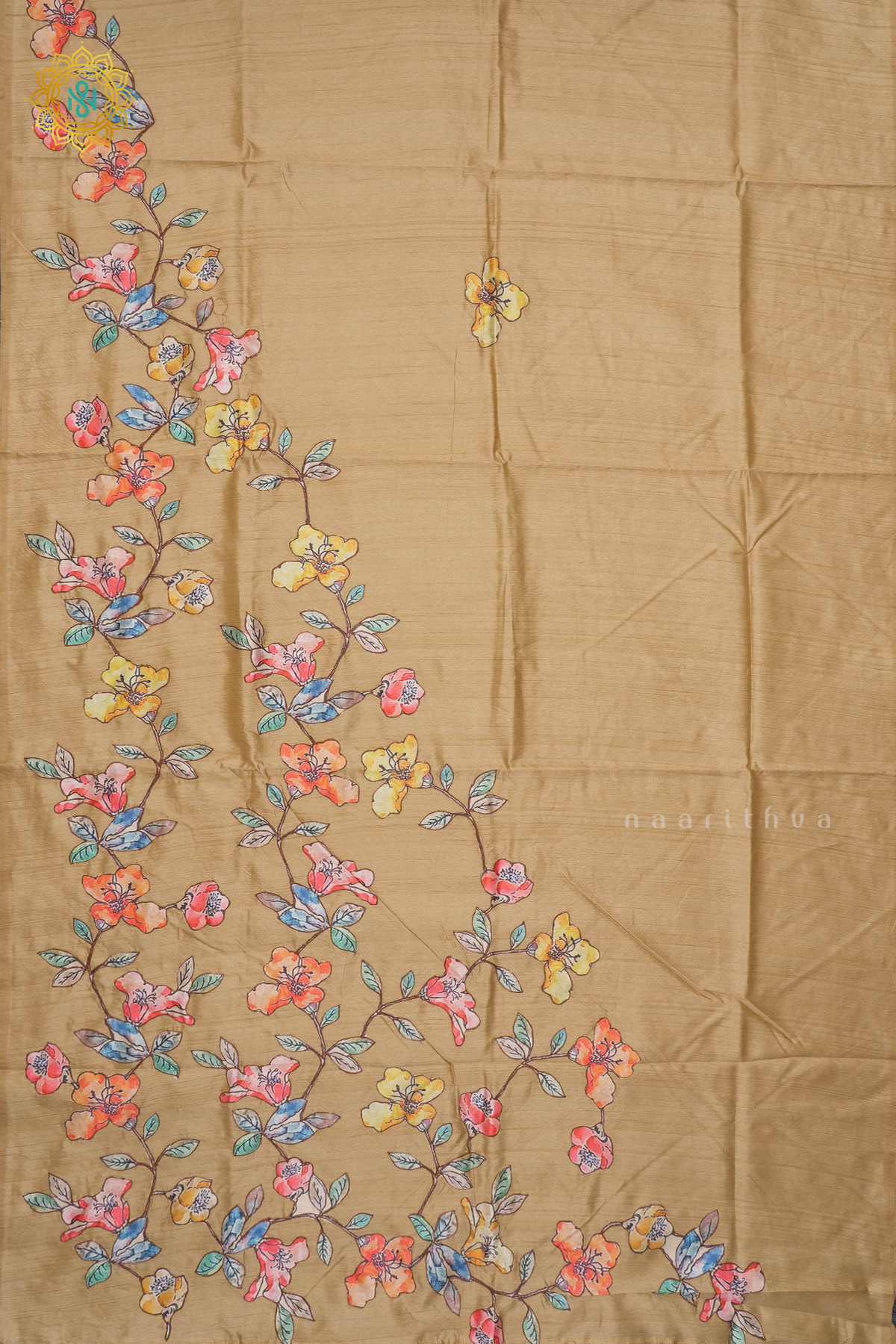 BEIGE WITH OFF WHITE - SEMI TUSSAR WITH APPLIQUE WORK