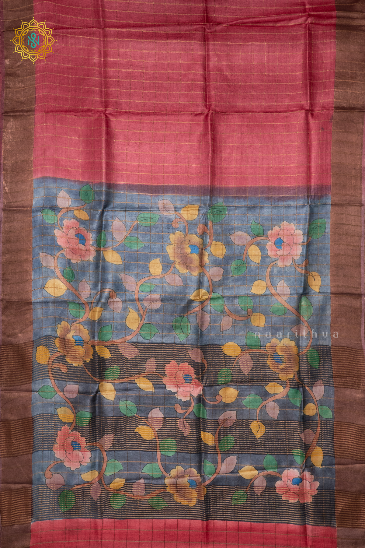 PINKISH RED WITH ELEPHANT GREY - PURE TUSSAR SILK