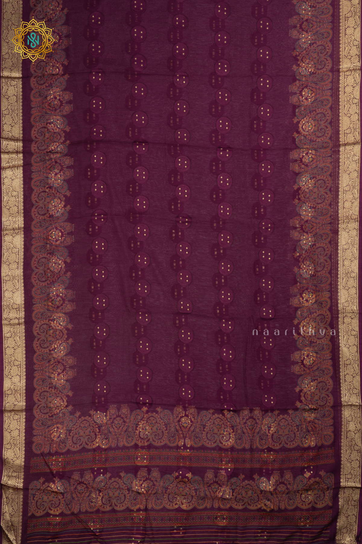 Wine Semi Georgette Saree With Printed Body And Zari Border
