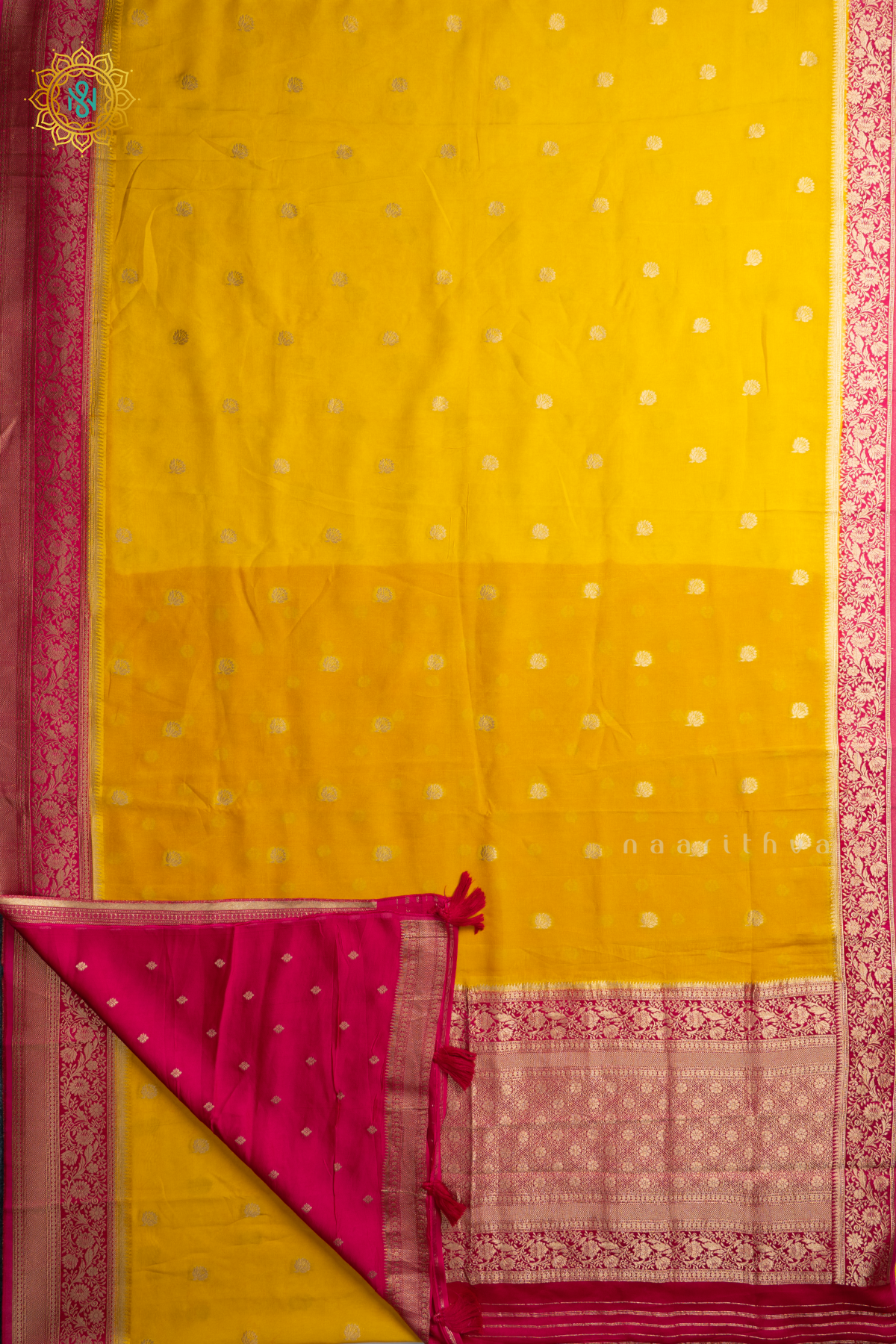 Yellow with Pink Pure Mix Banarasi Crepe Saree with Zari Buttas, Contrast Zari Border & Pallu