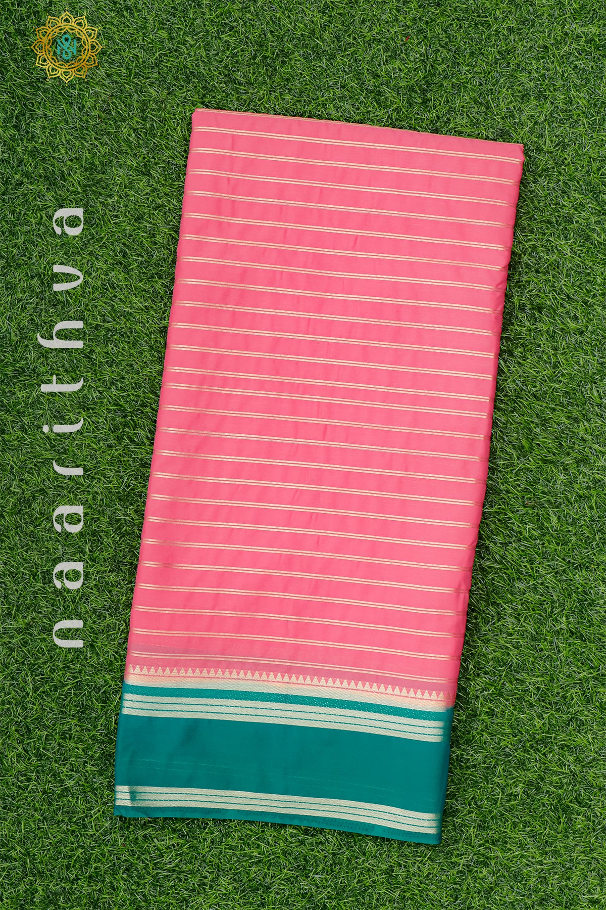 PEACHISH PINK WITH CYAN GREEN - SEMI MYSORE CREPE SILK