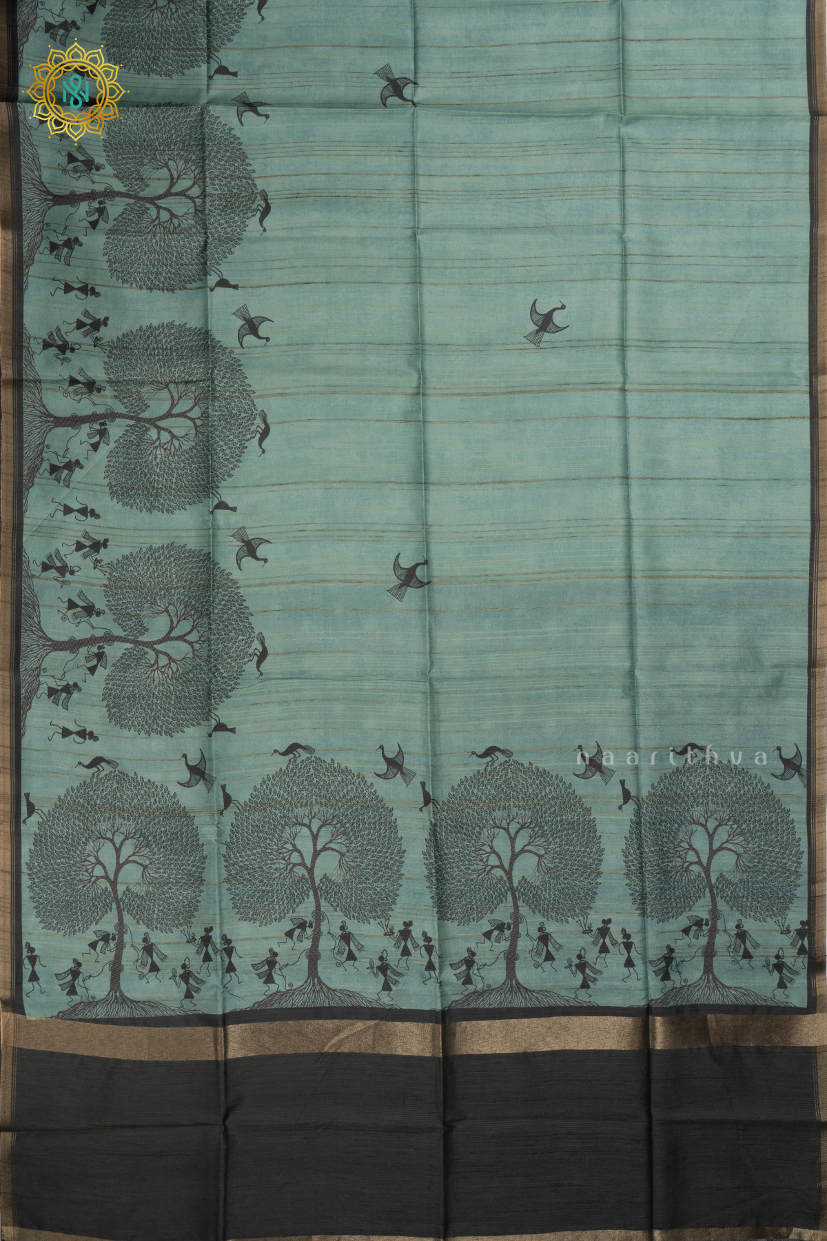 AQUA BLUE - SEMI TUSSAR SILK SAREE PRINTED BODY, CONTRAST BORDER