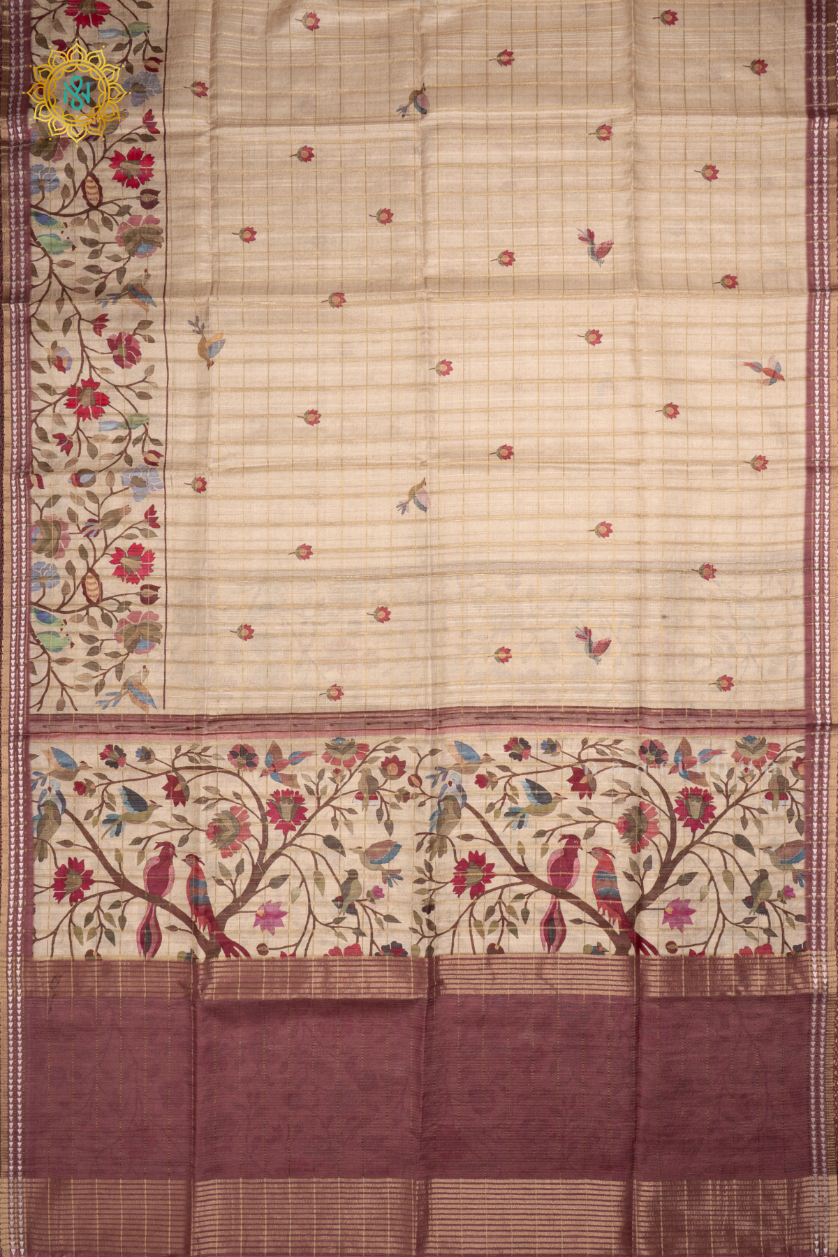 Off White With Mauve Semi Tussar Silk Saree With Printed And Zari Striped Body And Thread Woven Tissue Border