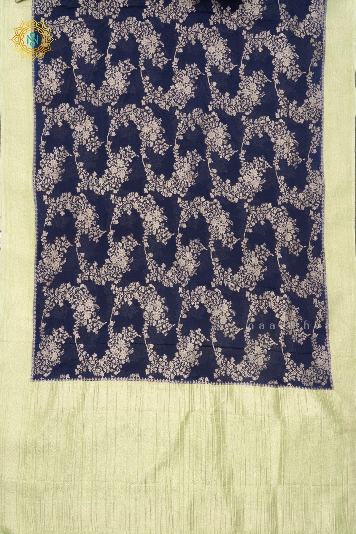 NAVY BLUE WITH GREEN - SEMI CREPE GEORGETTE