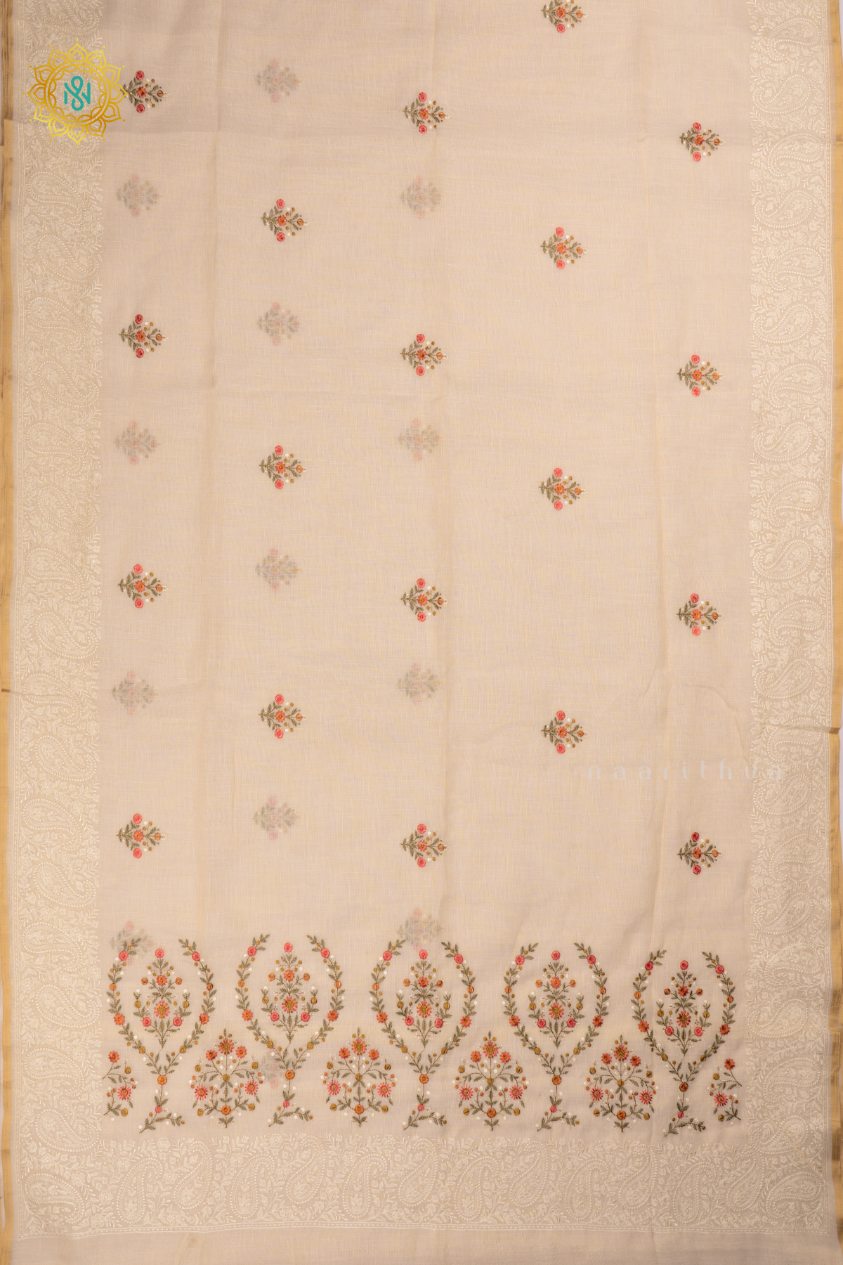 Off White with Pink Linen Tissue Saree with Allover Thread Work, Border and pallu