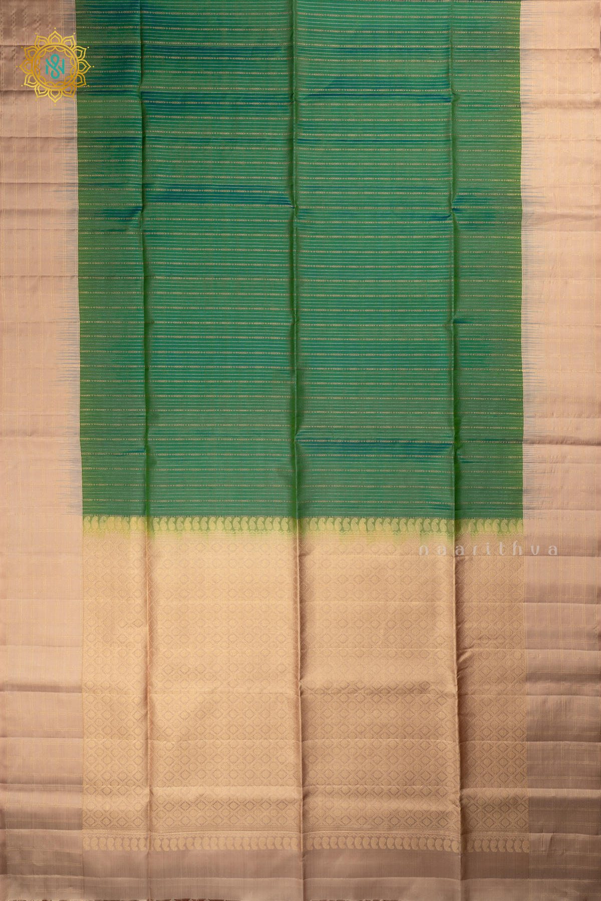 Dual Shade of Aqua Green with Beige Pure Kanjivaram Soft Silk Saree With Allover Zari Stripes and Contrast Zari Checks Border