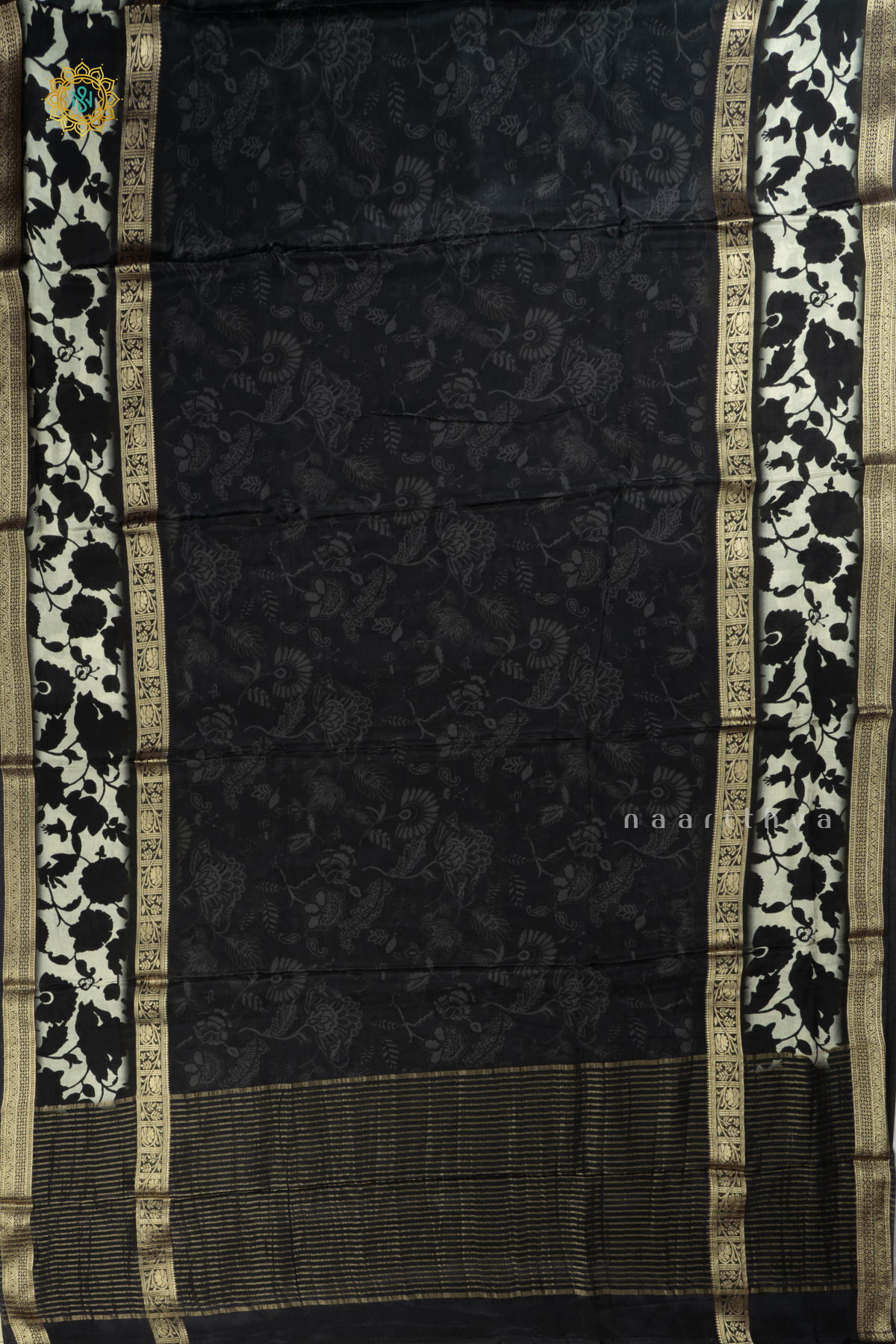 Black With Off White Printed Semi Crepe Silk Saree With Contrast Bentex Zari Border & Pallu
