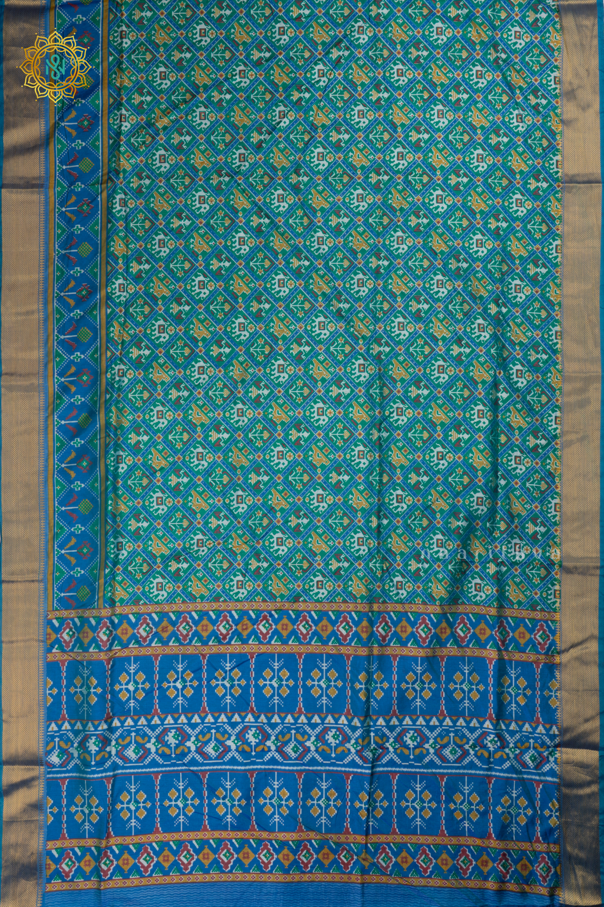 Green with Blue - Semi Silk Saree Allover Patola Printed Body with Contrast Zari Border, Pallu and Blouse