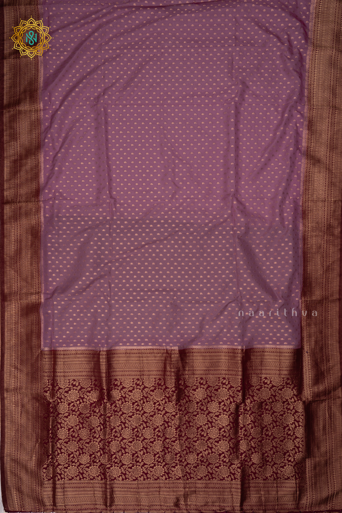 Lavender with Deep Wine Semi-Crepe Georgette Saree with Zari Buttas on the Body and a Contrast Zari Border