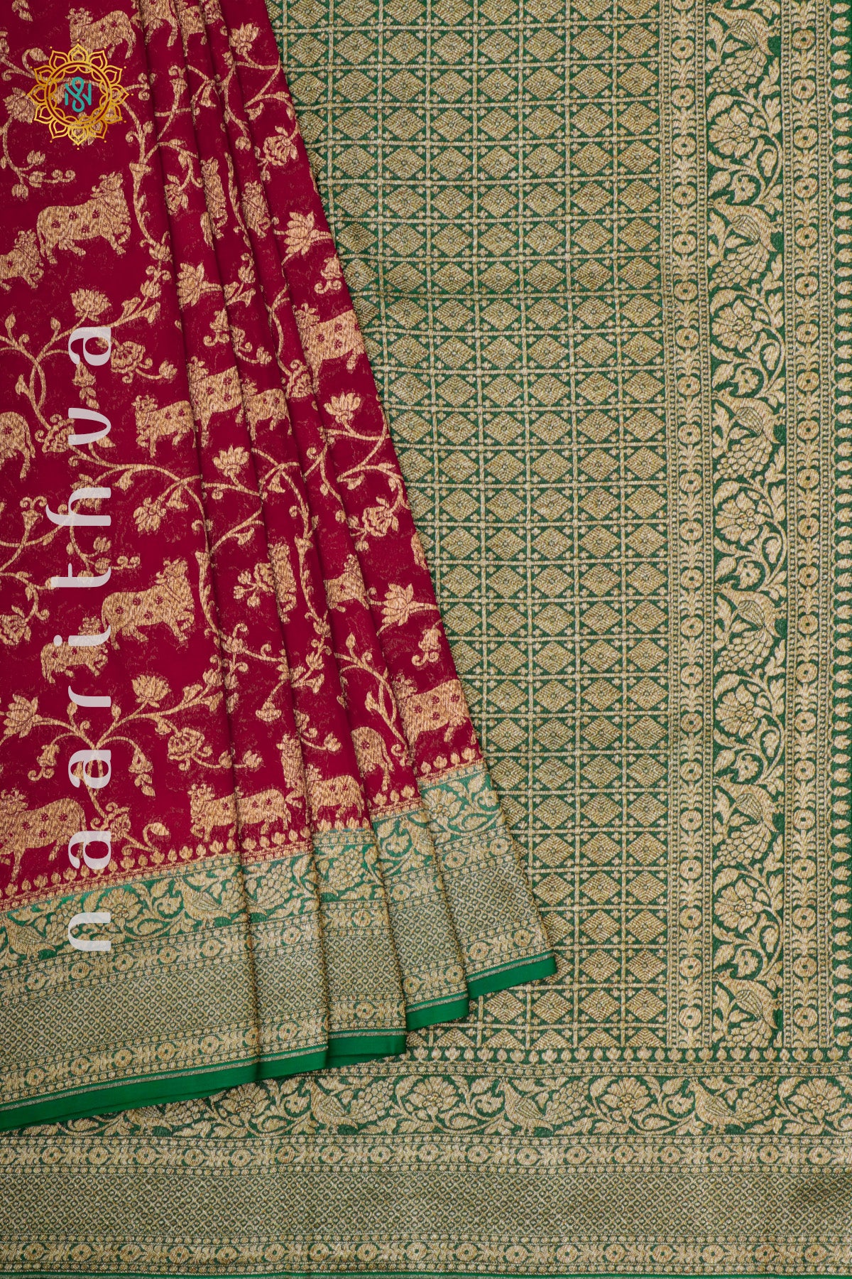 RED WITH GREEN - PURE HANDLOOM KHADDI GEORGETTE BANARAS