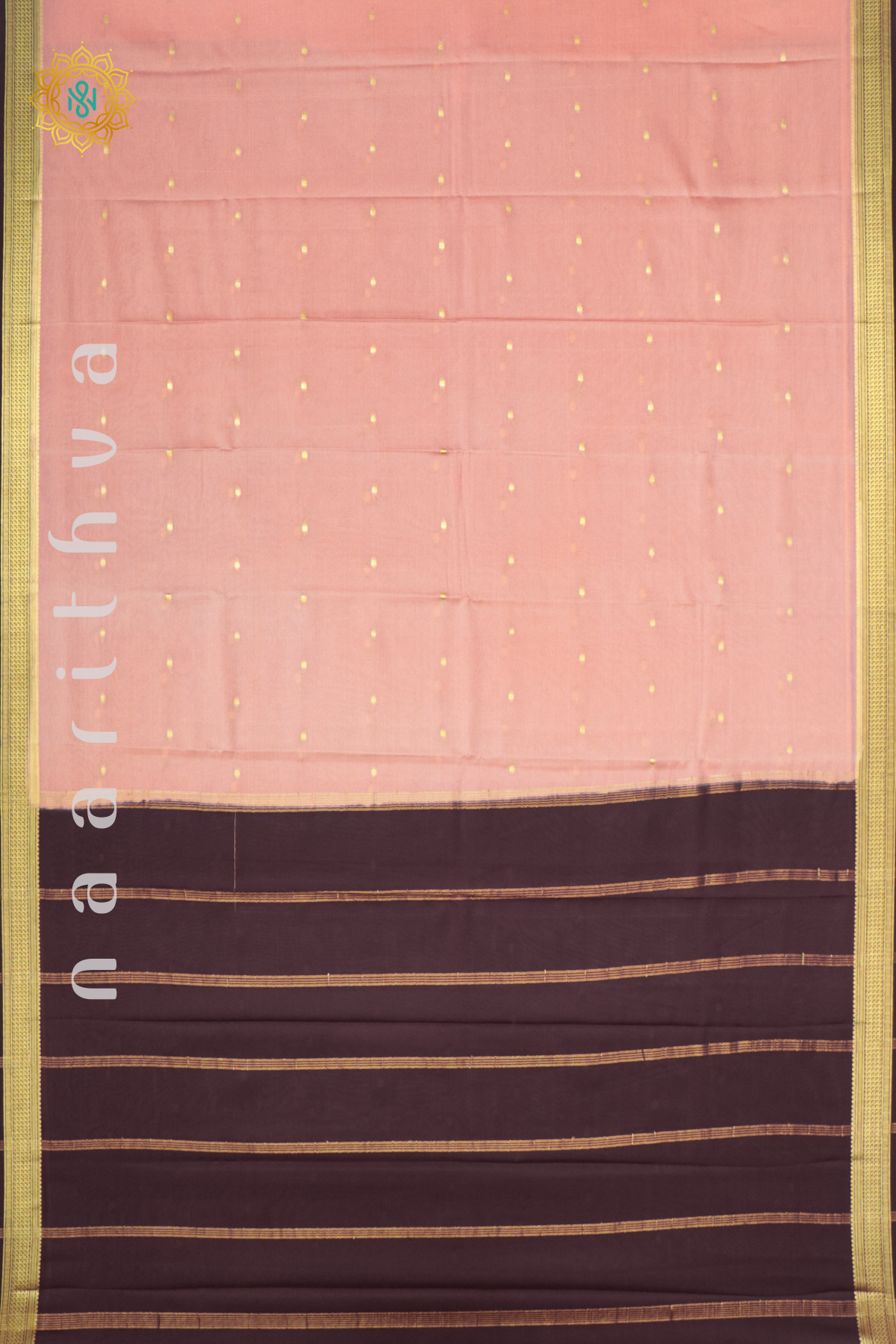 PEACH WITH BROWN - PURE MYSORE CREPE SILK