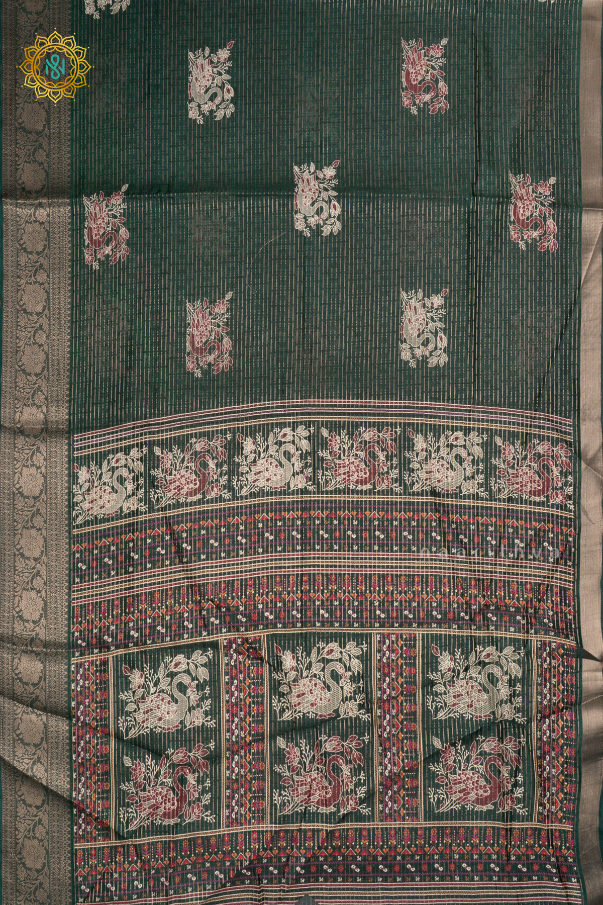 Bottle Green Dola Silk Saree With Allover Printed Buttas And Zari Stripes With Zari Border