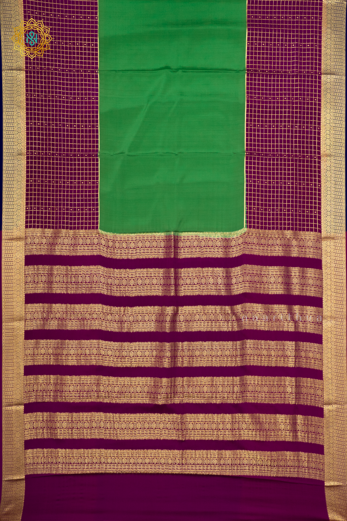 GREEN WITH PURPLE & BLUE - PURE MYSORE CREPE SILK