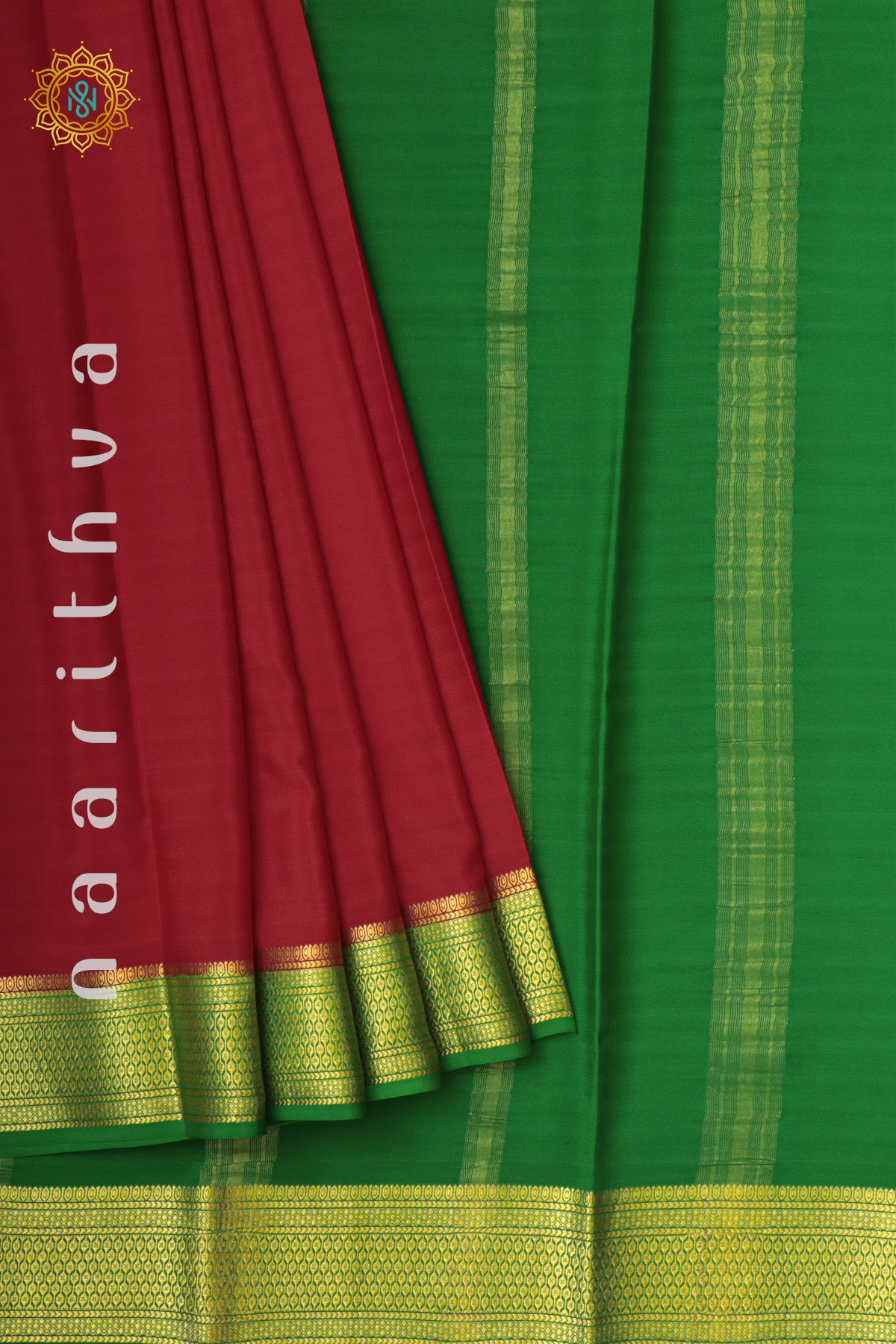 RED WITH GREEN - PURE MYSORE CREPE SILK