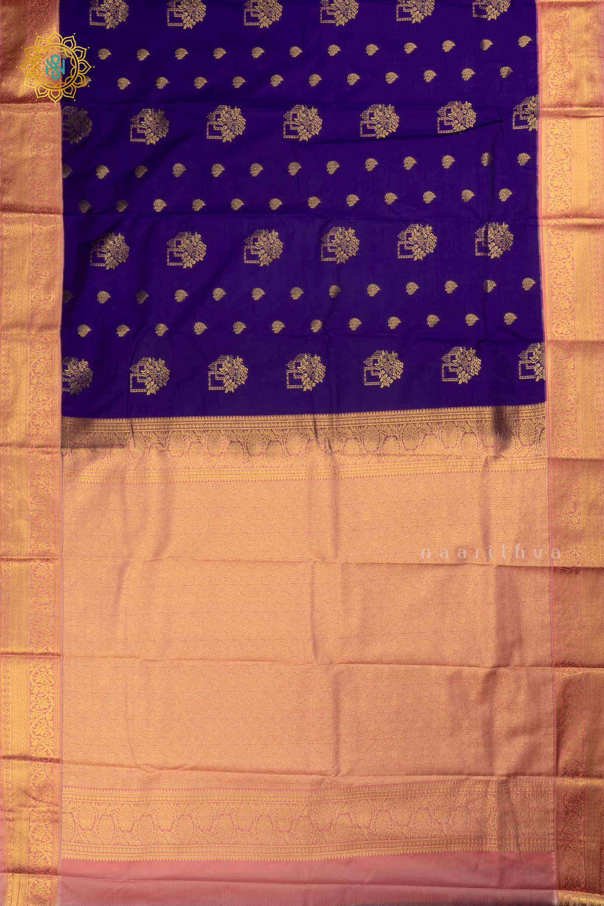 Blue with Peachish Pink Semi Kanchi Saree With Zari Buttas All Over And Contrast Zari Border
