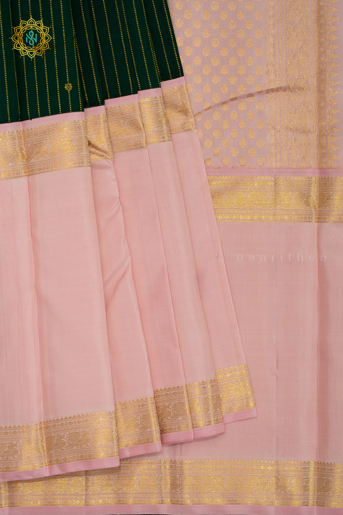 BOTTLE GREEN WITH PEACHISH PINK - PURE KANJIVARAM SILK