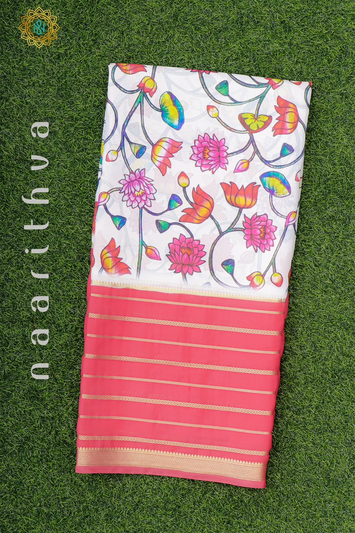 WHITE WITH PEACHISH PINK - SEMI MYSORE CREPE SILK