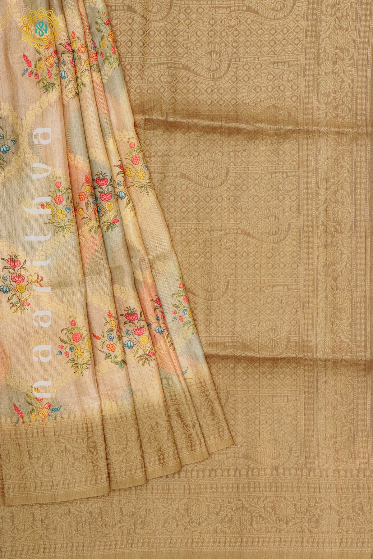 LIGHT BROWN WITH GREEN - CHANDERI SILK COTTON