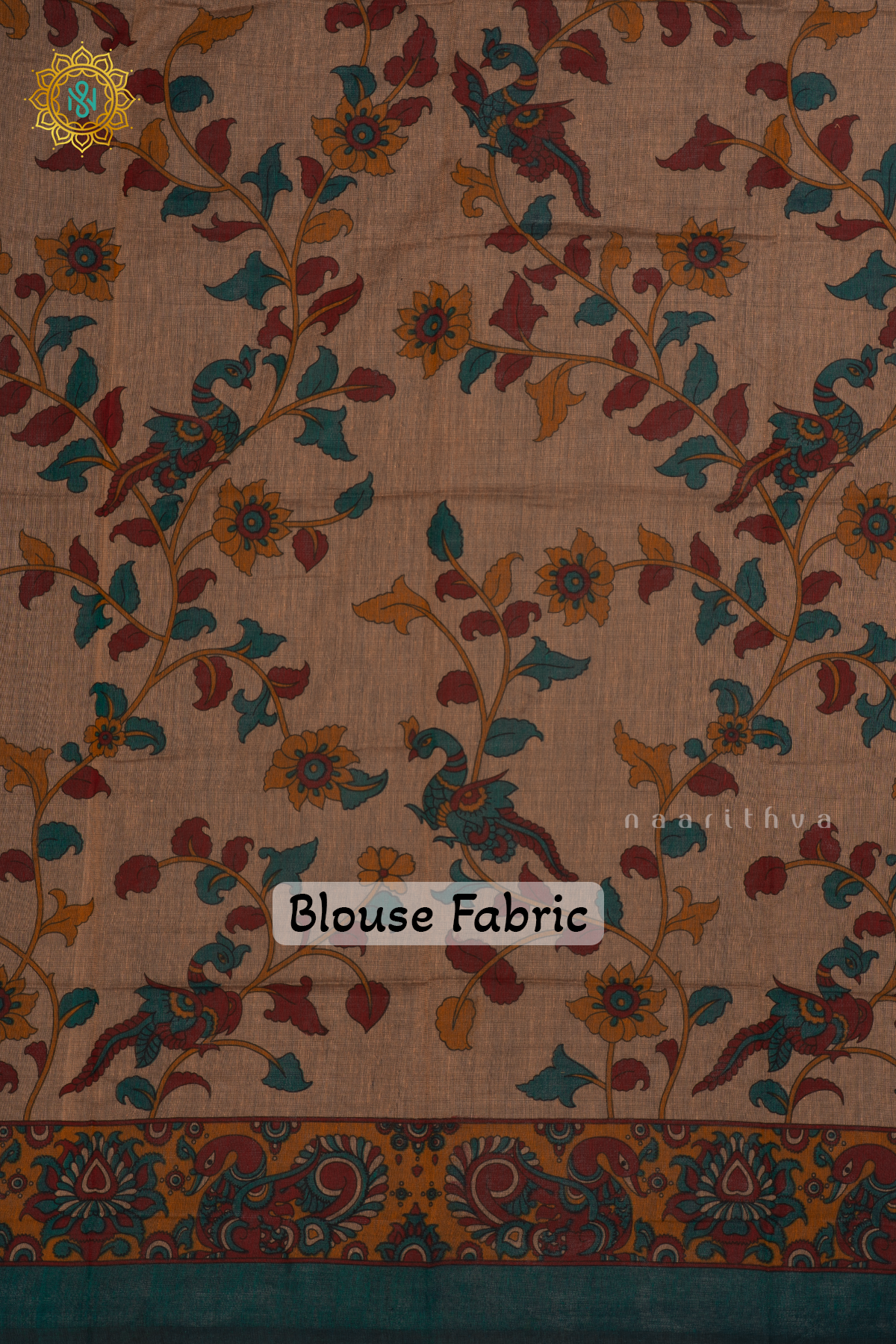 Beige With Cyan Green Mul Cotton Saree Plain Body With Contrast Kalamkari Printed Border