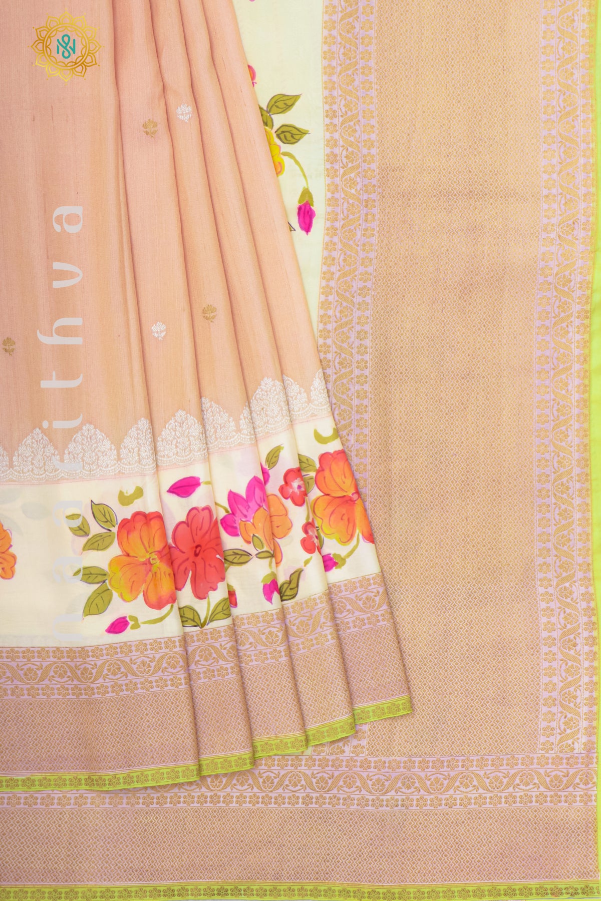 PEACH WITH LIGHT GREEN - PURE HAND PAINTED TUSSAR GEORGETTE